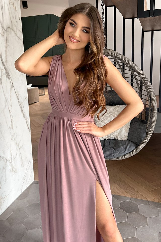 Dusty Pink Plunge V A-Line Long Gown with Slit