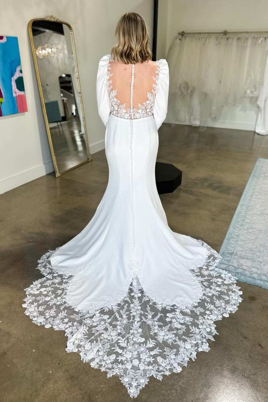 Plunging V-Neck Satin Mermaid Sweep Train Wedding Dress with Long Sleeves