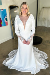 Plunging V-Neck Satin Mermaid Sweep Train Wedding Dress with Long Sleeves