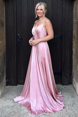 Pink Surplice Backless A-Line Long Gown