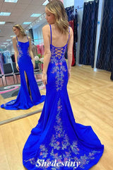 Applique Royal Blue Spaghetti Straps Mermaid Slit Porm Dress