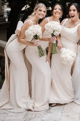 Ivory Round-Neck Bow-Back Mermaid Long Bridesmaid Dress