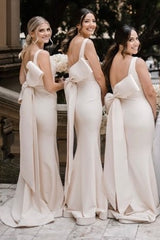 Ivory Round-Neck Bow-Back Mermaid Long Bridesmaid Dress