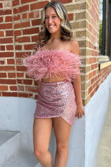 Two-Piece Pink Sequin Feather Mini Homecoming Dress