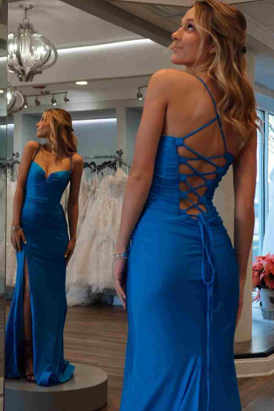 Blue V-Neck Mermaid Satin Slit Evening Dress