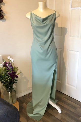 Dusky Sage Cowl Neck Cross Back Long Formal Dress with Slit