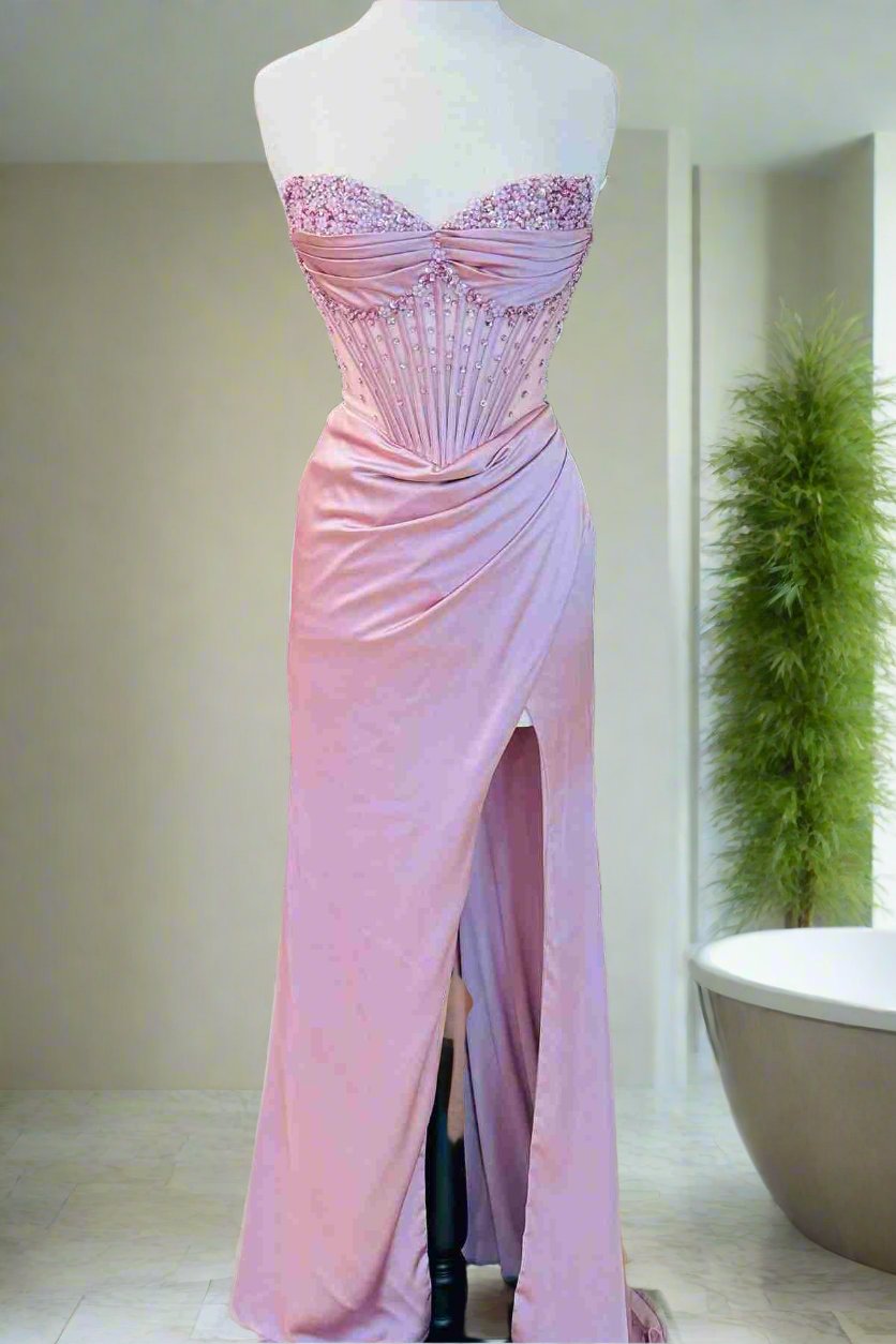 Pink Beaded Sheer Corset Bodice Starpless Maxi Dress