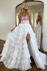 Rhinestone Strapless Ivory Multi-Layer A-Line Prom Dress with Slit
