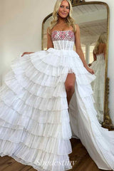 Ivory Multi-Layer A-Line Prom Dress with Slit