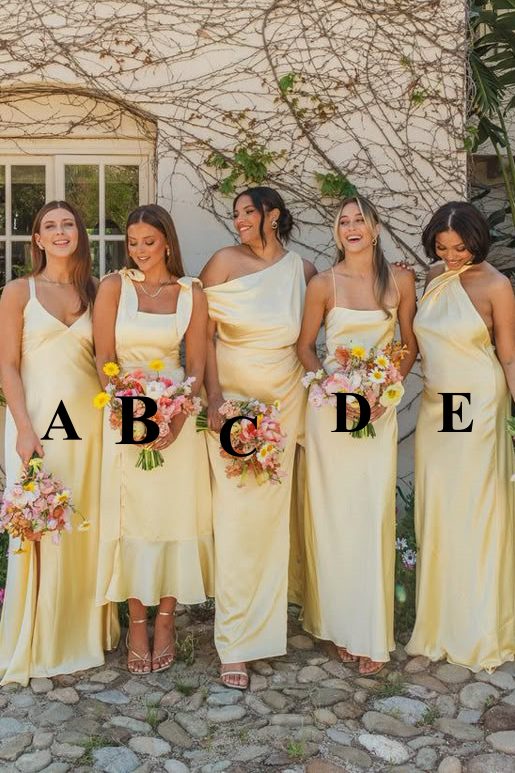 Yellow Mismatched V-Neck Long Bridesmaid Dress