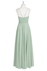 Dusty Sage Halter Double Straps Chiffon Long Bridesmaid Dress