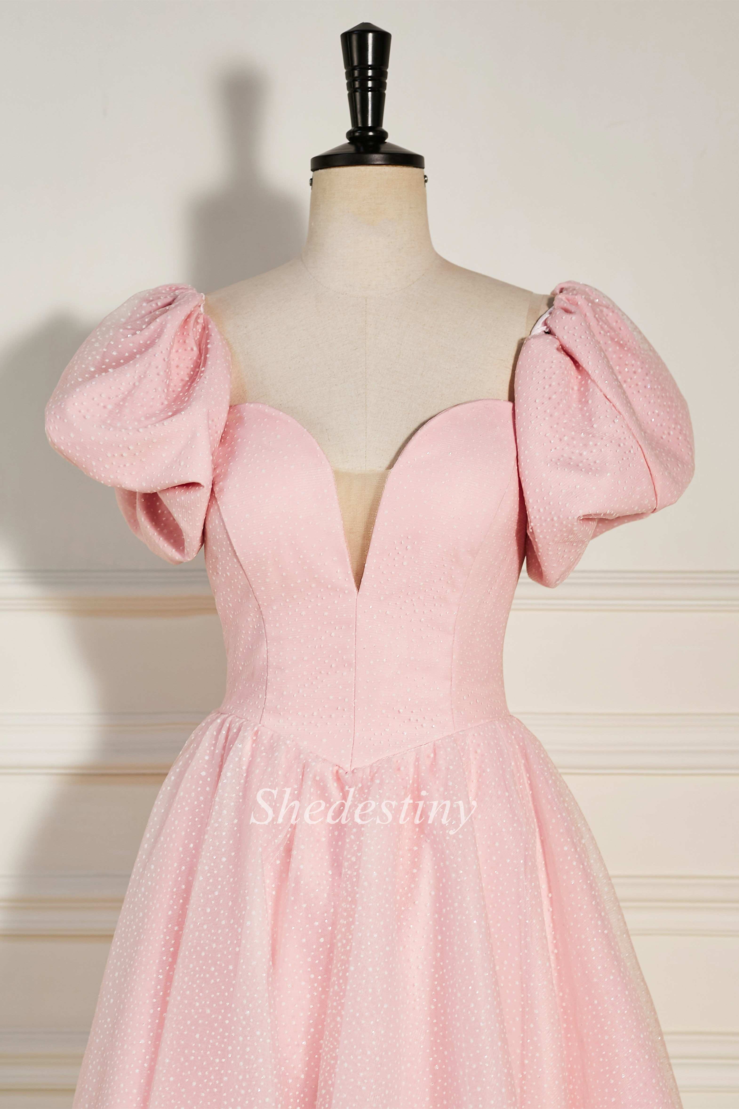 Pink Strapless Lace-Up Short Homecoming Dress with Puff Sleeves