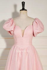 Pink Strapless Lace-Up Short Homecoming Dress with Puff Sleeves