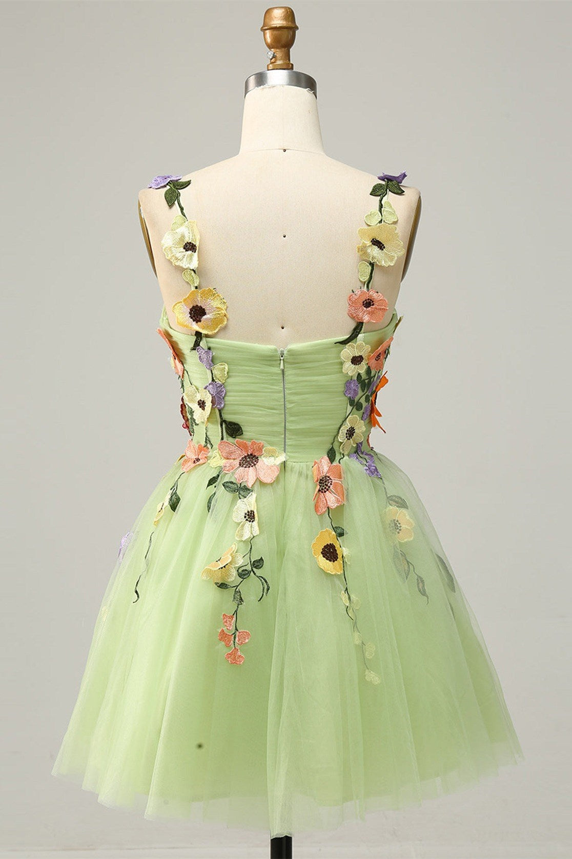 Green Tulle Sweetheart A-Line Homecoming Dress with Floral Appliques