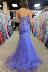 Lavender Appliques Scoop Neck Trumpet Long Prom Dress