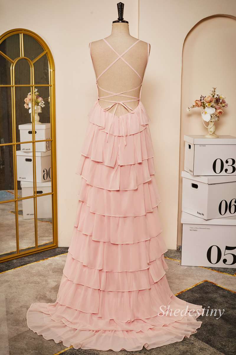 Pink Chiffon Lace-Up Back Ruffle Tiered Long Prom Dress