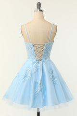 Light Blue Appliques A-Line Short Homecoming Dress with Spaghetti Straps