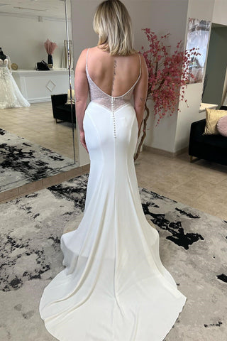 White Beaded Spaghetti Strap Mermaid Long Bridal Gown