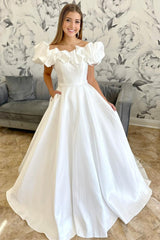 White Off-the-Shoulder Ruffle Long Bridal Gown