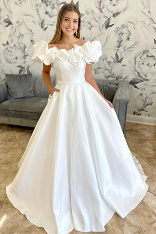 White Off-the-Shoulder Ruffle Long Bridal Gown