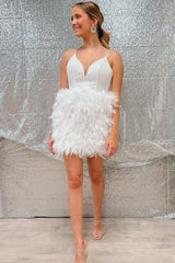 White Spaghetti Strap Short Homecoming Dress with Feathers