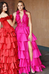 Red Halter Ruffle Tiered Long Prom Dress with Slit