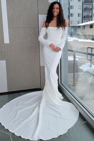 White Off-the-Shoulder Mermaid Satin Long Sleeves Long Wedding Dress