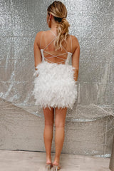 White Spaghetti Strap Short Homecoming Dress with Feathers