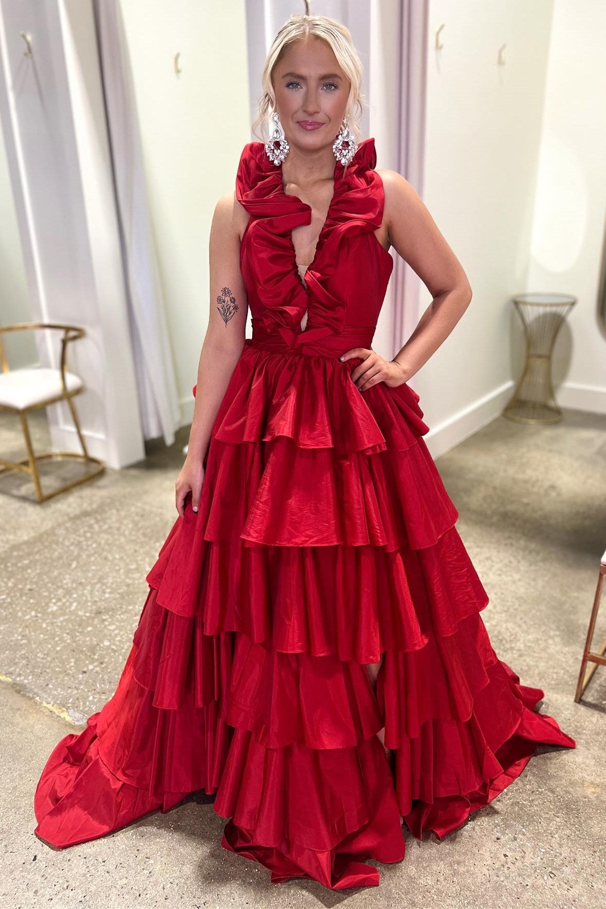 Red Plunge V Ruffle Tiered Long Prom Dress with Slit