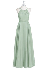 Dusty Sage Halter Double Straps Chiffon Long Bridesmaid Dress