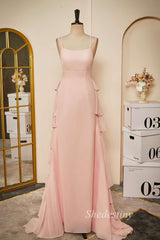 Pink Chiffon Lace-Up Back Ruffle Tiered Long Prom Dress