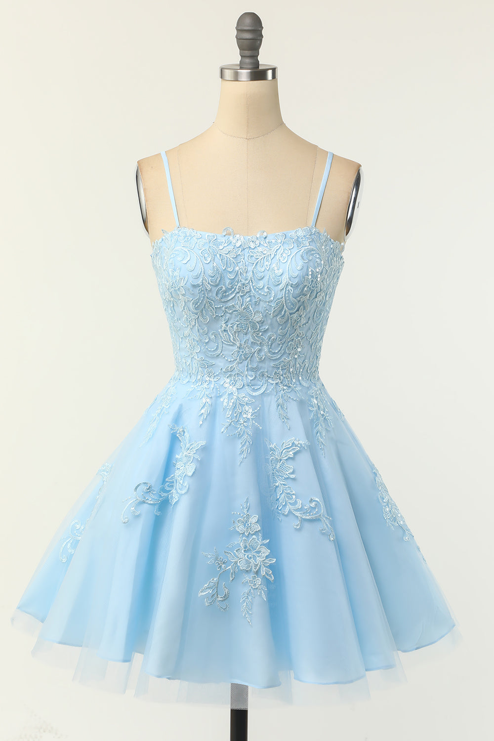 Light Blue Appliques A-Line Short Homecoming Dress with Spaghetti Straps