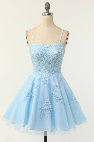 Light Blue Appliques A-Line Short Homecoming Dress with Spaghetti Straps