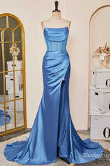 Blue Strapless Sheer Bodice Mermaid Long Formal Dress with Slit