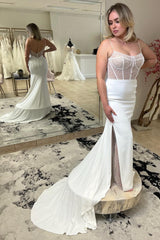 White Beaded Spaghetti Strap Mermaid Long Bridal Gown