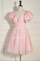 Pink Strapless Lace-Up Short Homecoming Dress with Puff Sleeves