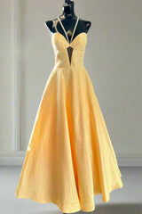 Yellow Rhinestone Sweetheart A-Line Prom Dress with Keyhole