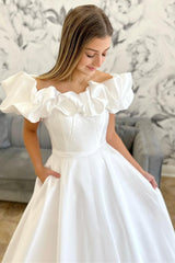 White Off-the-Shoulder Ruffle Long Bridal Gown