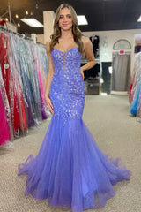 Lavender Appliques Scoop Neck Trumpet Long Prom Dress