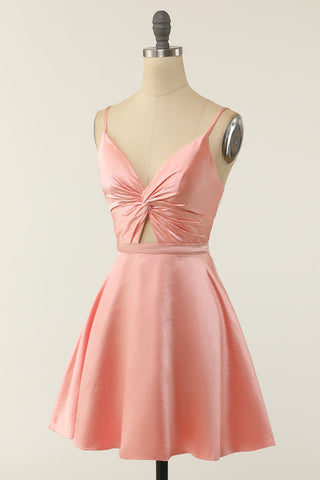 Blush Twist Not A-Line Homecoming Dress with Spaghetti Straps