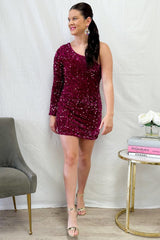 Red Sequin One-Sleeve Bodycon Short Homecoming Dress