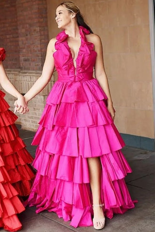 Red Halter Ruffle Tiered Long Prom Dress with Slit