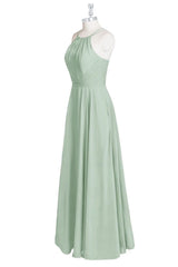 Dusty Sage Halter Double Straps Chiffon Long Bridesmaid Dress