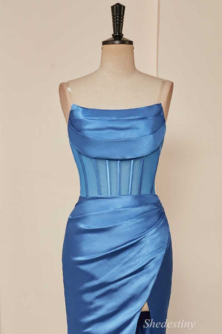 Blue Strapless Sheer Bodice Mermaid Long Formal Dress with Slit