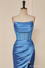 Blue Strapless Sheer Bodice Mermaid Long Formal Dress with Slit