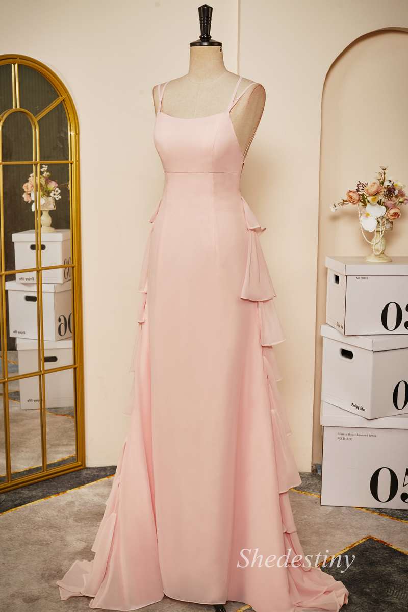 Pink Chiffon Lace-Up Back Ruffle Tiered Long Prom Dress