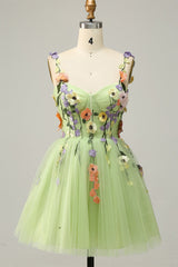 Green Tulle Sweetheart A-Line Homecoming Dress with Floral Appliques