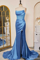 Blue Strapless Sheer Bodice Mermaid Long Formal Dress with Slit