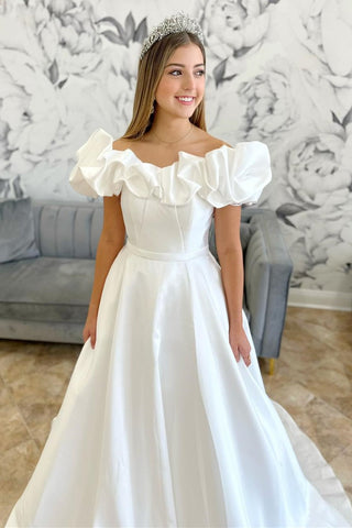 White Off-the-Shoulder Ruffle Long Bridal Gown