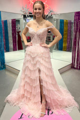 Light Champagne Tulle Beaded Off-the-Shoulder Ruffle Tiered Long Prom Dress